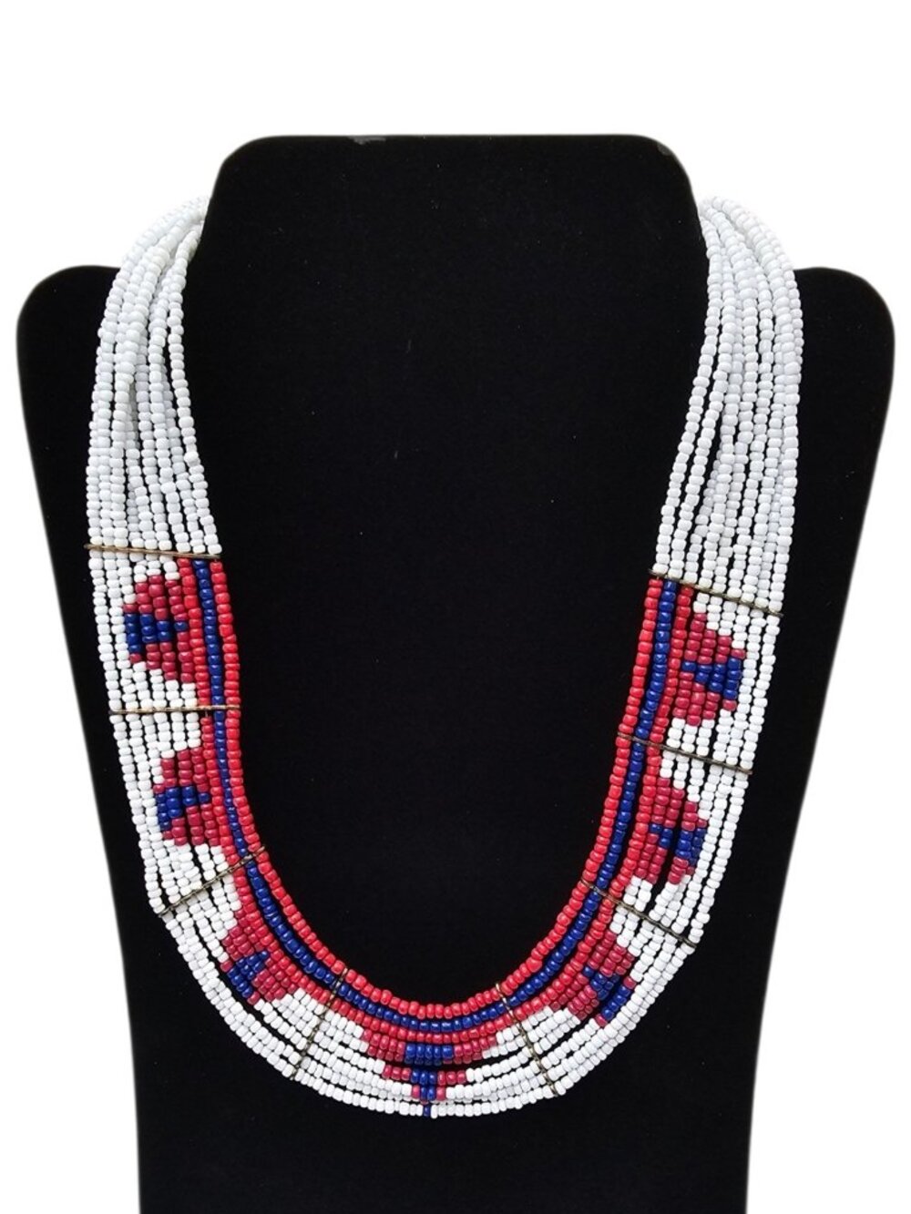 Vintage Multi Strand Seed Bead choker Necklace Red White Blue Tribal Ethnic Styl